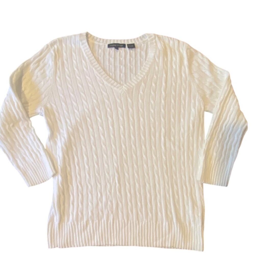 Jeanne Pierre White Cable Knit V‑Neck Sweater Women’s Size Medium